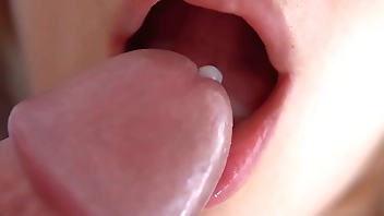 Her Soft Big Lips And Tongue Cause Him Cumshot, Super Closeup Cum In Mouth