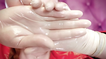 ASMR fetish video: latex gloves fetish and oil - great soundings and close ups (Arya Grander) POV