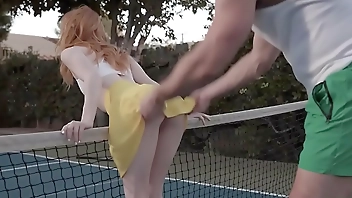 Squirting redhead fucked by tennis coach