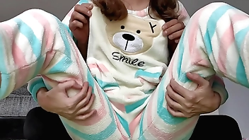 stepdad teasing petting small tits and shaved pussy in pajama