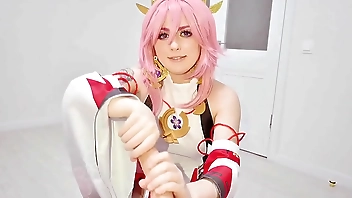 Dirty gamer's dream about Yae Miko from Genshin Impact: Rough sex until cumshot on virgin pink pussy