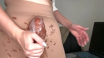 Stepmother’s boner made a big cumshot while her horny Stepson watching it in the office