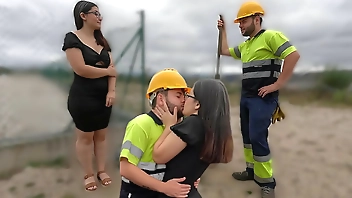 Construction worker fucks curious girl and cums inside.
