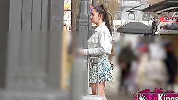 Hot Spanish tourist babe Nuria looks for random guys to pick up in the street!