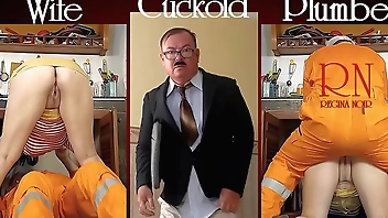 Cheating housewife, plumber and cuckold husband at the kitchen. Scene 2