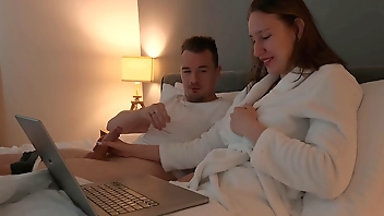 Step mom helps to cum step son in share bed with hand job and tight pussy, but can't...