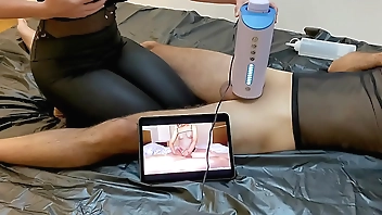 Girlfrieng with big boobs milking her boyfriend with a blow machine