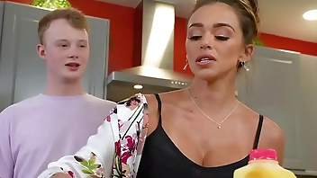 Quickie sex with busty stepmother while dad taking shower