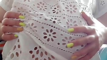 My cute stepsister playing with her huge tits after school