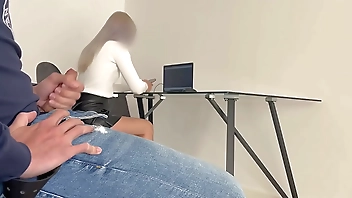 My boss calls me and I jerk off in front of her in the office while I wait, she helps me finish cumming by giving me a blowjob