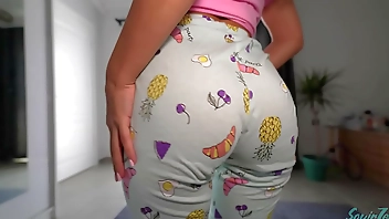 Hot MILF stepmom caught her stepson jerking off and helped him cum a minute before her husband returned