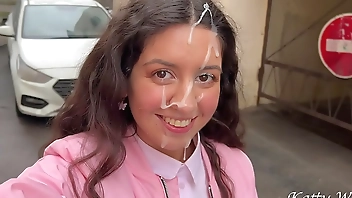 Cutie fucked her stepbrother, got cum on her face and went for a walk without washing her face