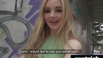 Blonde British Teen Pulls Panties To The Side For Money