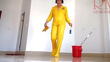 Naked maid cleans office space. Maid without panties. Hall  full