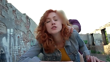 Public Agent Sexy redhead waitress sucks cock and gets fucked doggystyle outside in public