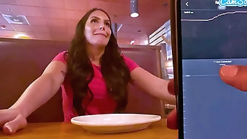 Cumming in Public with interactive toy at LUNCH! Public female orgasm interactive toy