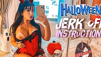 Naughty little devil cosplay big ass and big tits latina JOI jerk off instructions with her strap on asking you to cum over her feet