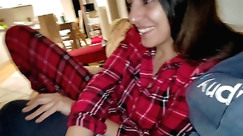 Wife in pajamas fucks a friend in silence while her husband is in the room