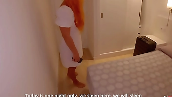 Stepmother and stepson share a bed in a hotel room. Stepmom with a beautiful ass excited her stepson and the stepson fucked his stepmom and cum in her pussy