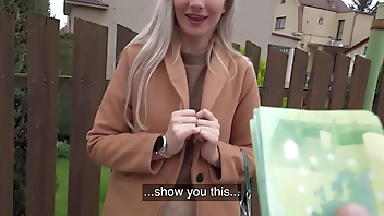 Public Agent Cute blonde flashes her perky titties for cash and fucks huge cock in a basemant