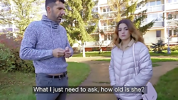 Public Agent Tight Spanish babe gives blowjob and fuck behind husbands back