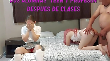 Old perverted professor takes two pretty students to a motel. They are the typical friends, one shy and the other a bitch