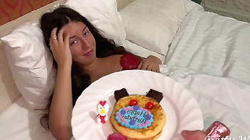 A surprise for a girl for a birthday - a cake, champagne and a hard cock!