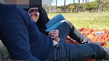 French Teacher Handjob Amateur on public park to student with Cumshot - MissCreamy