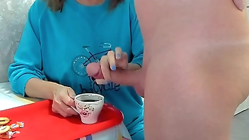 Milf granny drinks coffee with cum taboo ,big dick huge load