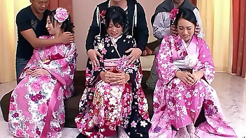 Rare Japanese Orgy with three cute JAV Teens with Hairy Pussy