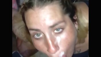 little bitch sucks it all and receives all the milk on her face