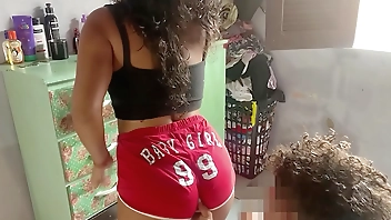 my step-cousin was cleaning my room when I got out of the shower and fucked her pussy