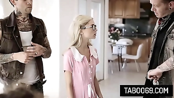 Skinny blonde teen Piper Perri getting gangbanged in front of her boyfriend