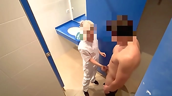 I surprise the gym cleaning girl who when she comes in to clean the toilet she catches me jerking off and helps me finish cumming with a blowjob